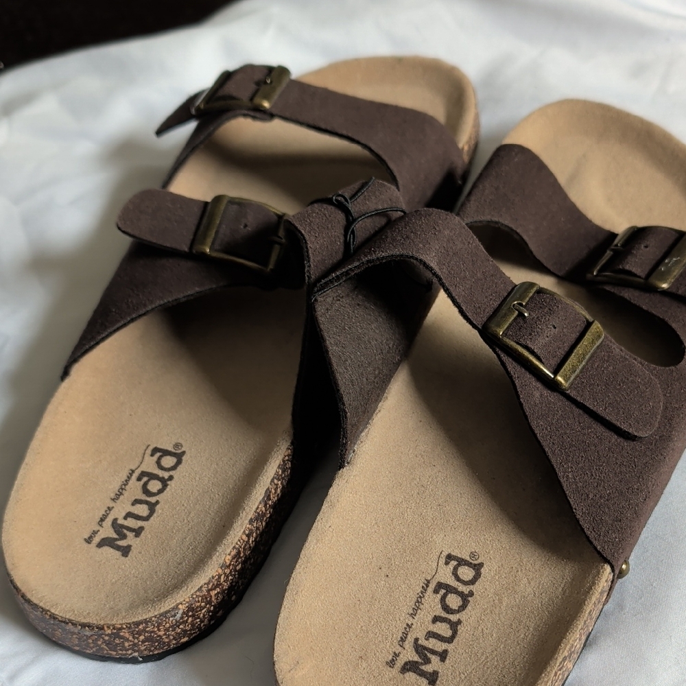 Mudd Dark Brown Suede Double-Buckle Sandals